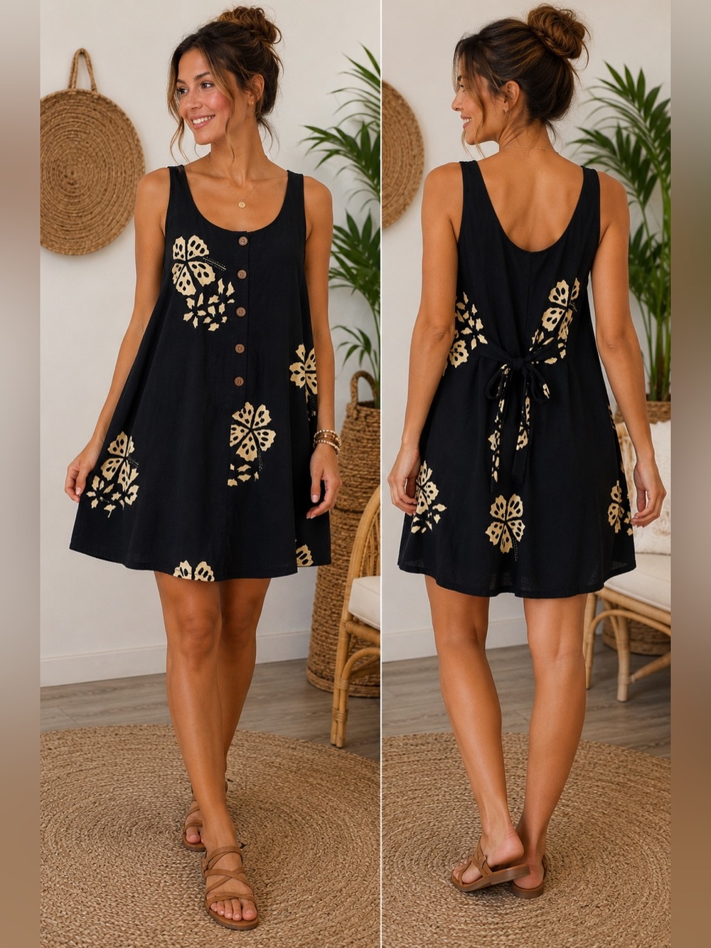 Young Fashion Handmade Rayon Floral Boho Dress XL Tie Back Sundress